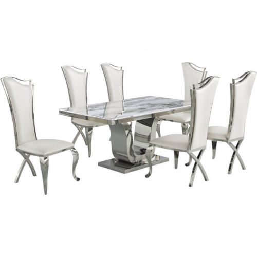 D14 7 Piece Dining Set in White Marble, Stainless Steel & White Leatherette