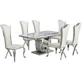 D14 7 Piece Dining Set in White Marble, Stainless Steel & White Leatherette