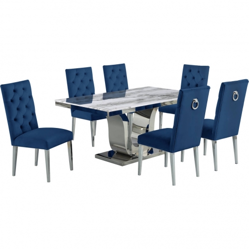 D14 7 Piece Dining Set in White Marble, Stainless Steel & Navy Blue Velvet