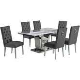 D14 7 Piece Dining Set in White Marble, Stainless Steel & Gray Velvet