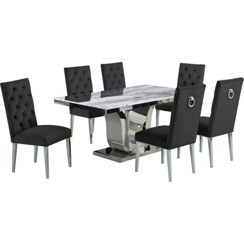 D14 7 Piece Dining Set in White Marble, Stainless Steel & Black Velvet