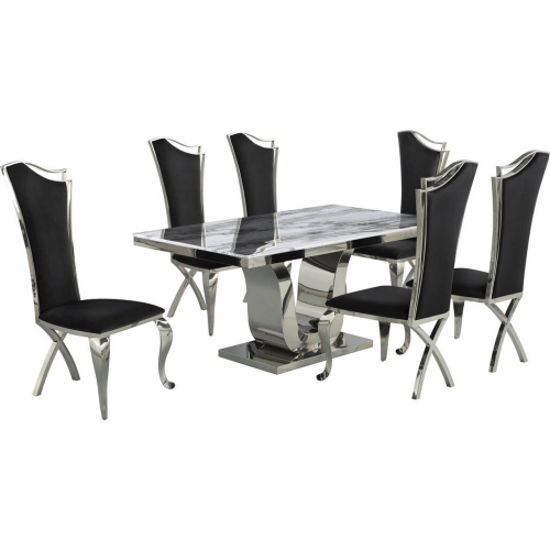 D14 7 Piece Dining Set in White Marble, Stainless Steel & Black Velvet