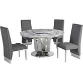 D16 6 Piece Dining Set w/ Lazy Susan in White Marble, Stainless & Dark Gray Velvet