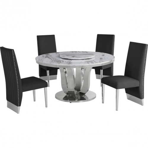 D16 6 Piece Dining Set w/ Lazy Susan in White Marble, Stainless & Black Velvet