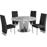 D16 6 Piece Dining Set w/ Lazy Susan in White Marble, Stainless & Black Velvet