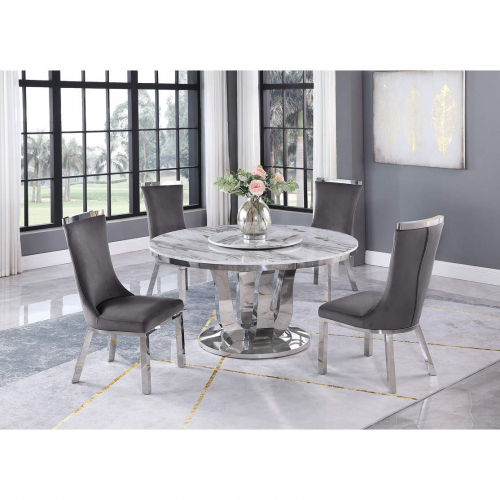 D16L Round 5 Piece Dining Set in White Marble, Stainless Steel & Dark Gray Velvet