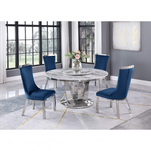 D16L Round 5 Piece Dining Set in White Marble, Stainless Steel & Navy Blue Velvet