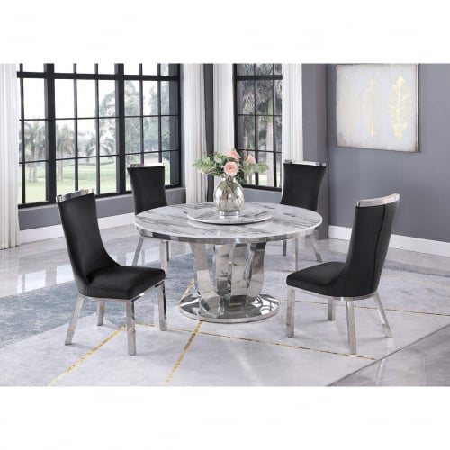 D16L Round 5 Piece Dining Set in White Marble, Stainless Steel & Black Velvet