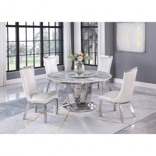 D16L Round 5 Piece Dining Set in White Marble, Stainless Steel & White Leatherette