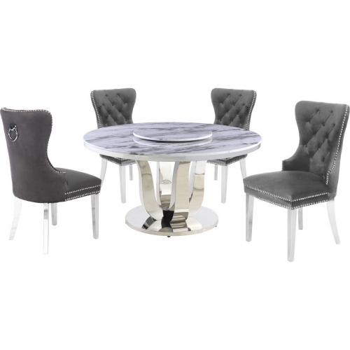 D16 6 Piece Dining Set w/ Lazy Susan in White Marble, Stainless & Dark Gray Velvet