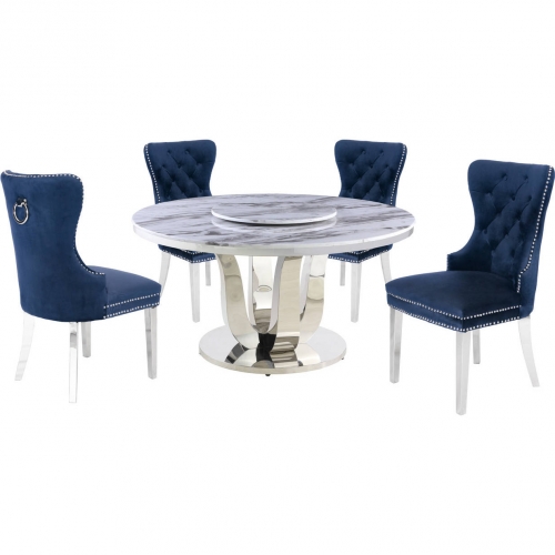 D16 6 Piece Dining Set w/ Lazy Susan in White Marble, Stainless & Navy Blue Velvet