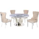 D16 6 Piece Dining Set w/ Lazy Susan in White Marble, Stainless & Cream Velvet