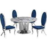 D16 6 Piece Dining Set w/ Lazy Susan in White Marble, Stainless & Navy Blue Velvet