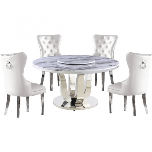 D16 6 Piece Dining Set w/ Lazy Susan in White Marble, Stainless & White Leatherette