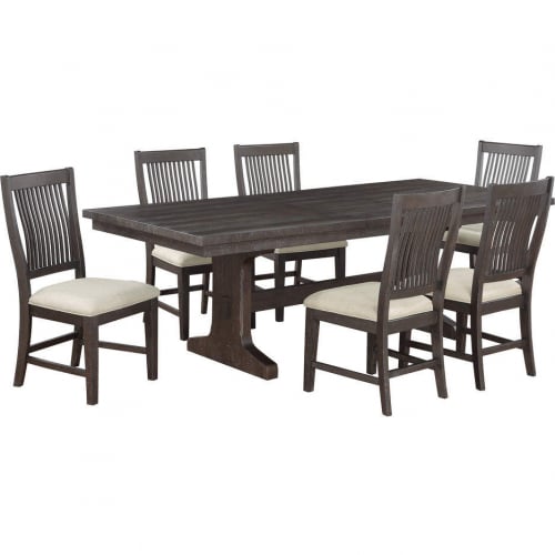 D160 7 Piece Dining Set in Rustic Brown Wood & Beige Linen