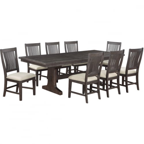 D160 9 Piece Dining Set in Rustic Brown Wood & Beige Linen