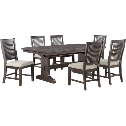 D162 7 Piece Dining Set in Rustic Brown Wood & Beige Linen