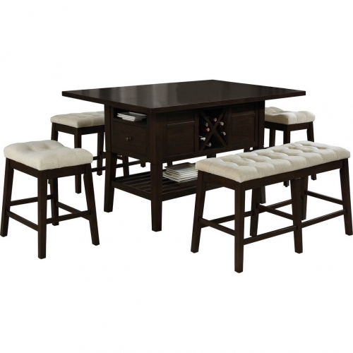 D17 5 piece Counter Dining Set in Cappuccino Wood & Tufted Beige Fabric