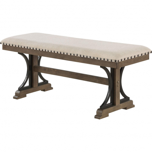 D174 Dining Bench in Brown Oak Finish & Beige Linen with Nailhead Trim