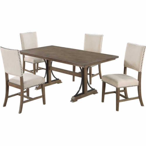 D174 5 Piece Dining Set in Brown Oak Wood & 4 Beige Linen