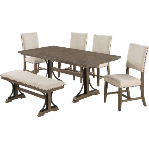 D174 6 Piece Dining Set w/ Bench in Brown Oak Wood & Beige Linen