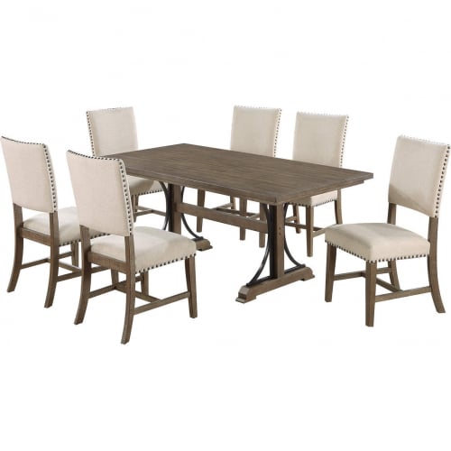 D174 7 Piece Dining Set in Brown Oak Wood & 6 Beige Linen