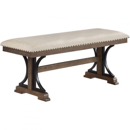 D178 Dining Bench in Brown Oak Finish & Beige Linen w/ Nailhead Trim