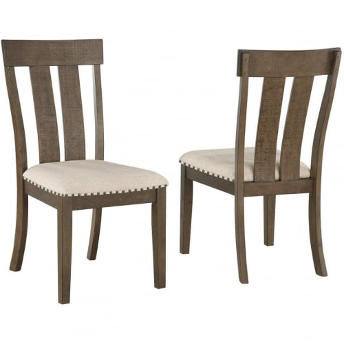 D178 Dining Chair in Brown Oak Finish Wood & Beige Linen w/ Nailhead (Set of 2)