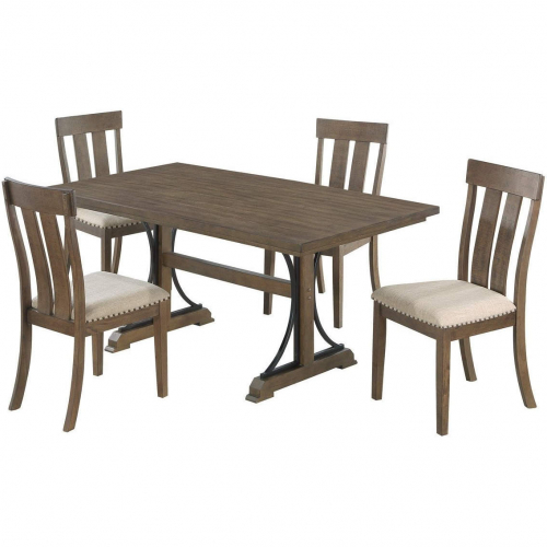 D178 5 Piece Dining Set in Brown Oak Wood & 4 Beige Linen