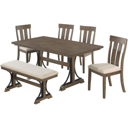 D178 6 Piece Dining Set w/ Bench in Brown Oak Wood & Beige Linen