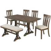 D178 6 Piece Dining Set w/ Bench in Brown Oak Wood & Beige Linen