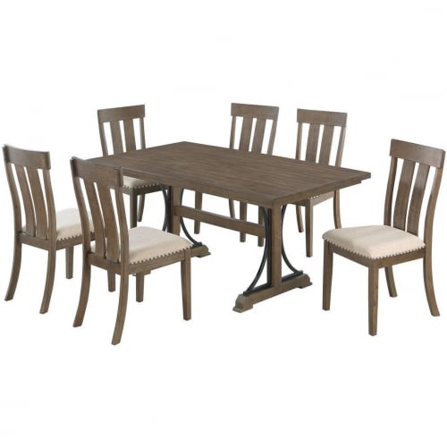 D178 7 Piece Dining Set in Brown Oak Wood & 6 Beige Linen