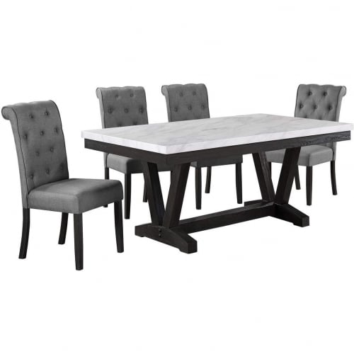 D185 5 Piece Dining Set in White Faux Marble, Weathered Gray Wood & Gray Linen