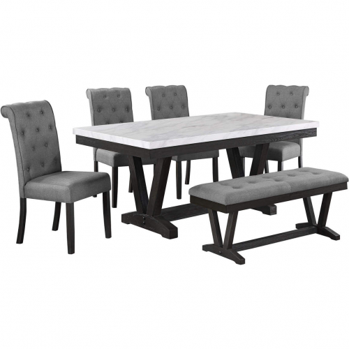 D185 6 Piece Dining Set in White Faux Marble, Weathered Gray Wood & Gray Linen