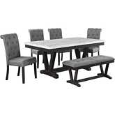 D185 6 Piece Dining Set in White Faux Marble, Weathered Gray Wood & Gray Linen