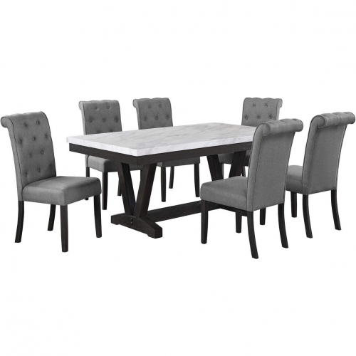 D185 7 Piece Dining Set in White Faux Marble, Weathered Gray Wood & Gray Linen