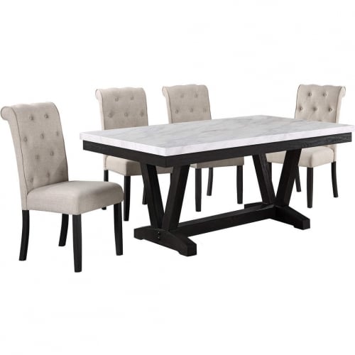 D186 5 Piece Dining Set in White Faux Marble, Weathered Gray Wood & Beige Linen