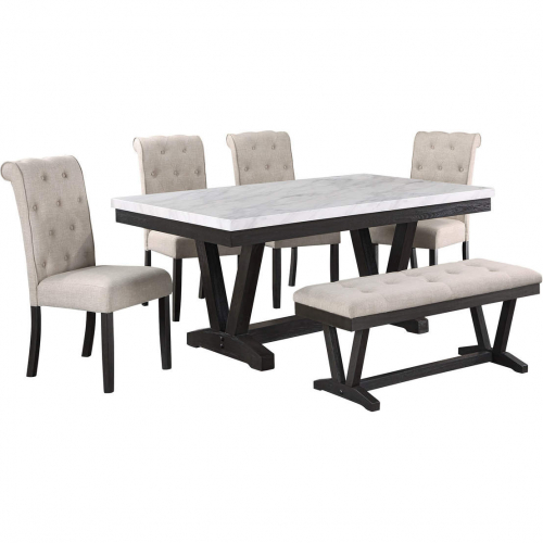 D186 6 Piece Dining Set in White Faux Marble, Weathered Gray Wood & Beige Linen