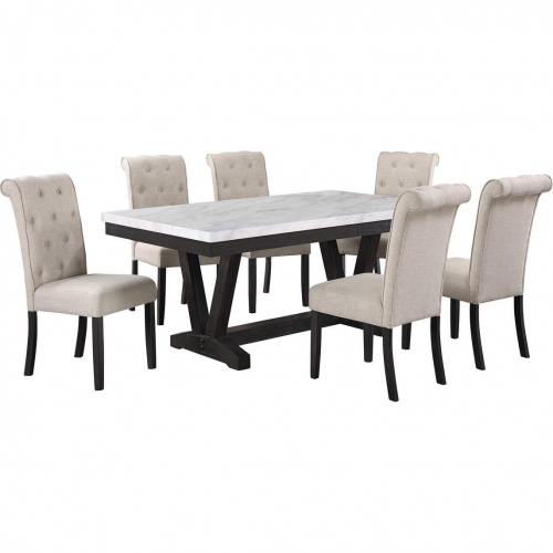 D186 7 Piece Dining Set in White Faux Marble, Weathered Gray Wood & Beige Linen