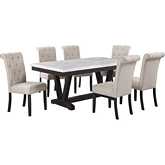 D186 7 Piece Dining Set in White Faux Marble, Weathered Gray Wood & Beige Linen