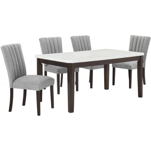 D187 5 Piece Dining Set in White Faux Marble, Espresso Wood & Tufted Gray Linen