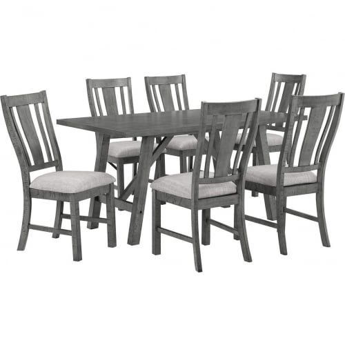 D189 7 Piece Dining Set in Rustic Gray Wood & Gray Linen