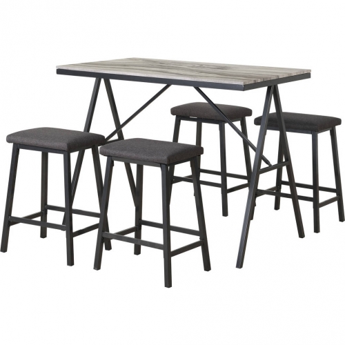 D19 5 Piece Counter Dining Set in Faux Marble, Gun Metal & Gray Fabric