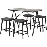 D19 5 Piece Counter Dining Set in Faux Marble, Gun Metal & Gray Fabric