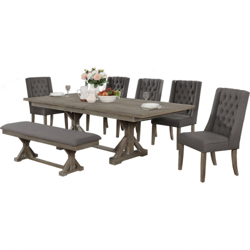 D21 7 Piece Dining Set Rustic Gray Brown Wood & Tufted Gray Linen