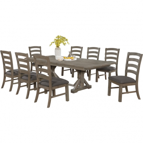 D21 9 Piece Dining Set in Rustic Gray Brown Wood & Gray Linen