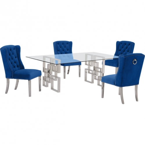 D221 5 Piece Dining Set in Glass, Silver Stainless Steel & Navy Blue Velvet