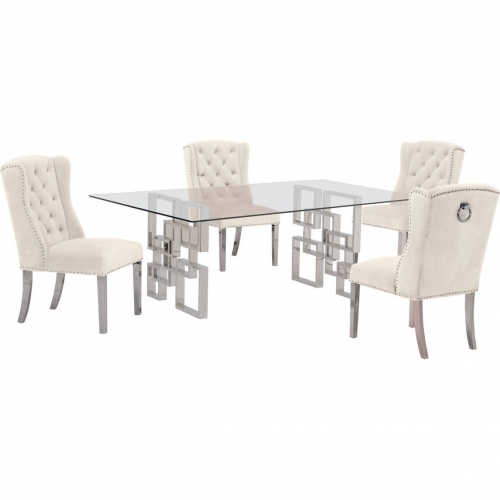 D221 5 Piece Dining Set in Glass, Silver Stainless Steel & Cream Velvet