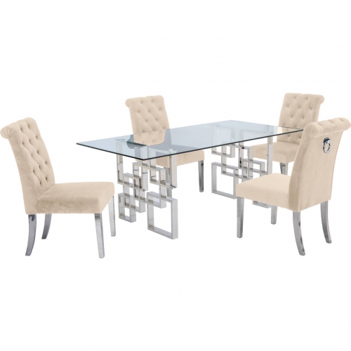 D221 5 Piece Dining Set in Glass, Silver Stainless Steel & Cream Velvet