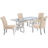 D221 5 Piece Dining Set in Glass, Silver Stainless Steel & Cream Velvet